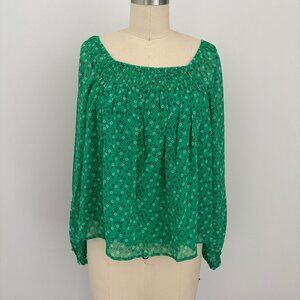 Nautica Women's Green Blue White Flower Print Blouse Boho Coquette S